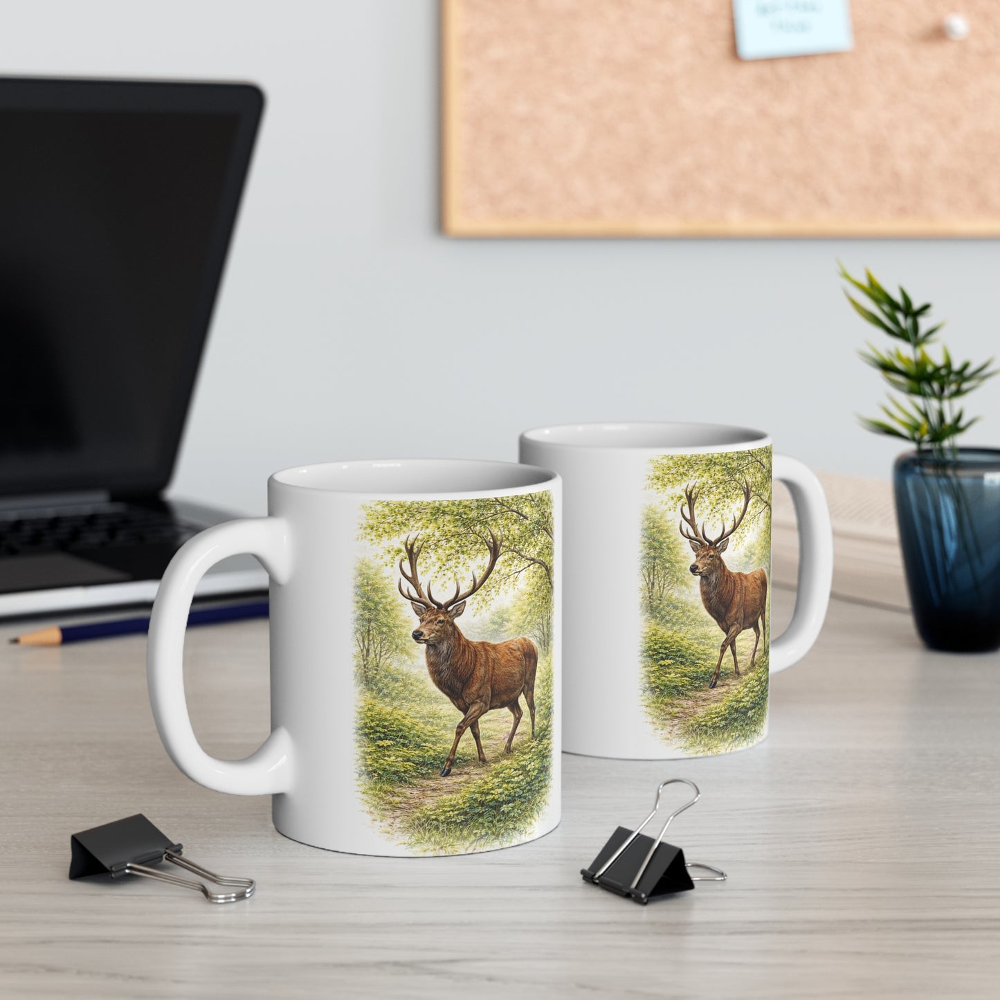 Two deer stag illustration mugs on office desk with computer monitor, plant and binder clips – wildlife nature gift