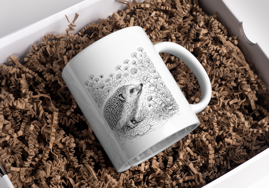 Hedgehog Wildflower Mug – Wildlife Illustration by L.A. Brown