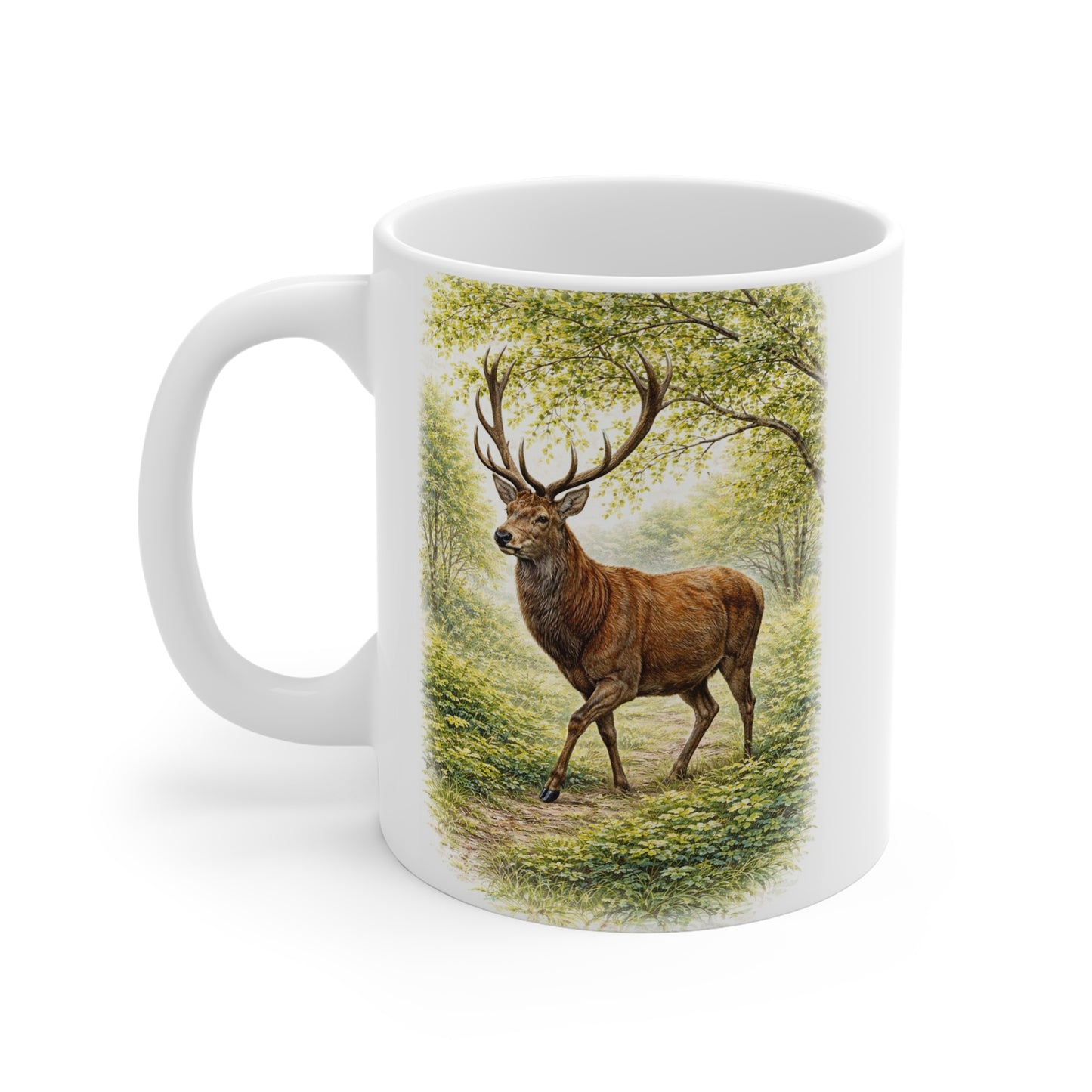 Deer stag side view mug with forest illustration on white ceramic mug – wildlife nature gift