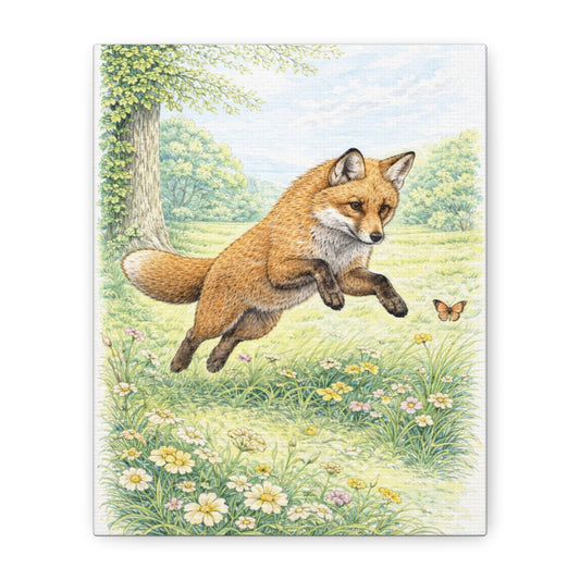 Illustration of a fox jumping in a meadow with flowers and a butterfly printed on canvas wall art – wildlife wall art nature gift