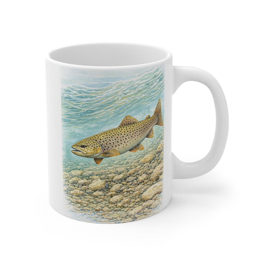 Brown trout illustration on white ceramic mug with river rocks and water – wildlife fishing coffee mug nature gift