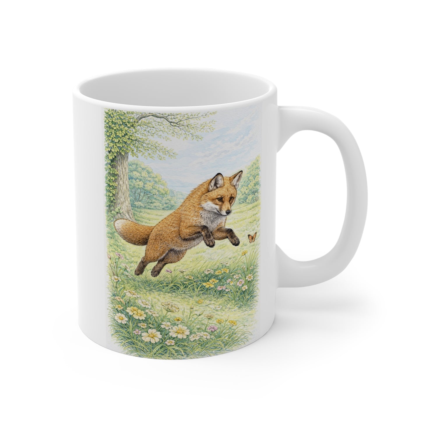 Fox illustration on white ceramic mug with wildflower meadow – wildlife nature coffee mug outdoor gift