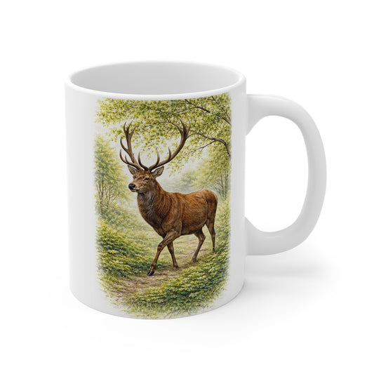 Deer stag illustration on white ceramic mug with forest scene – wildlife nature coffee mug gift