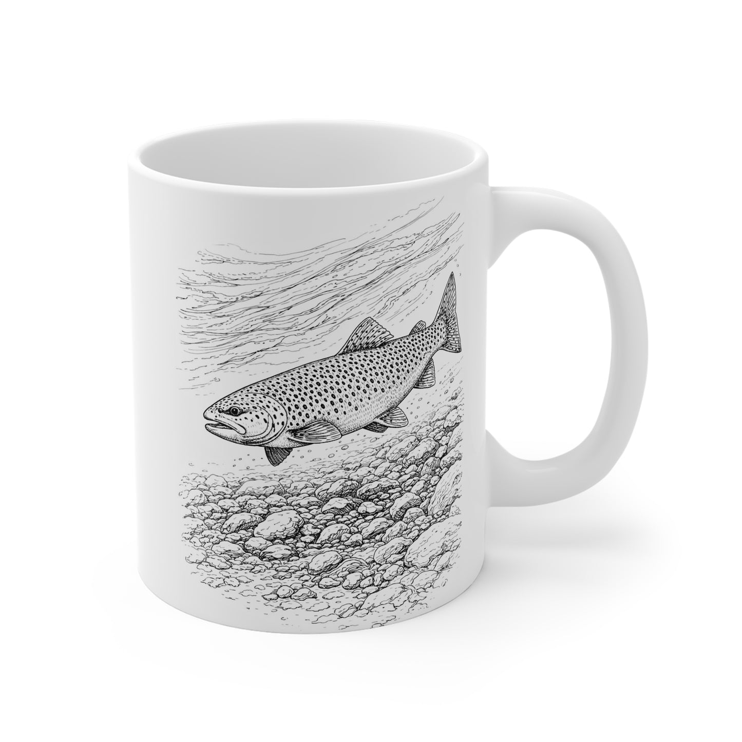 Brown trout side view mug with fish and river illustration – wildlife fishing gift