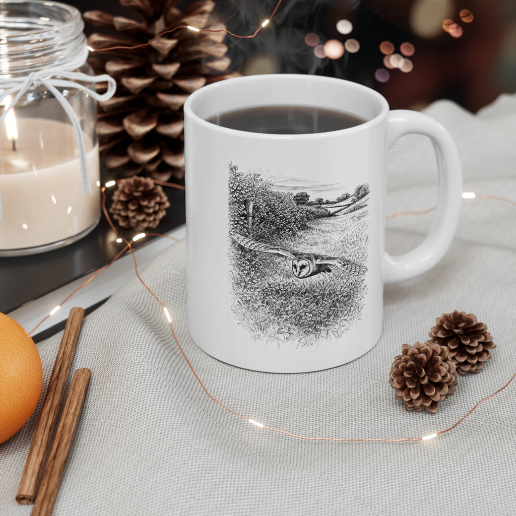 Barn Owl Mug Wildlife Ceramic 11oz Grayscale