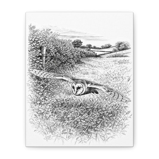 Barn owl illustration flying low over a field with hedgerow and distant trees printed on canvas wall art – wildlife wall art nature gift
