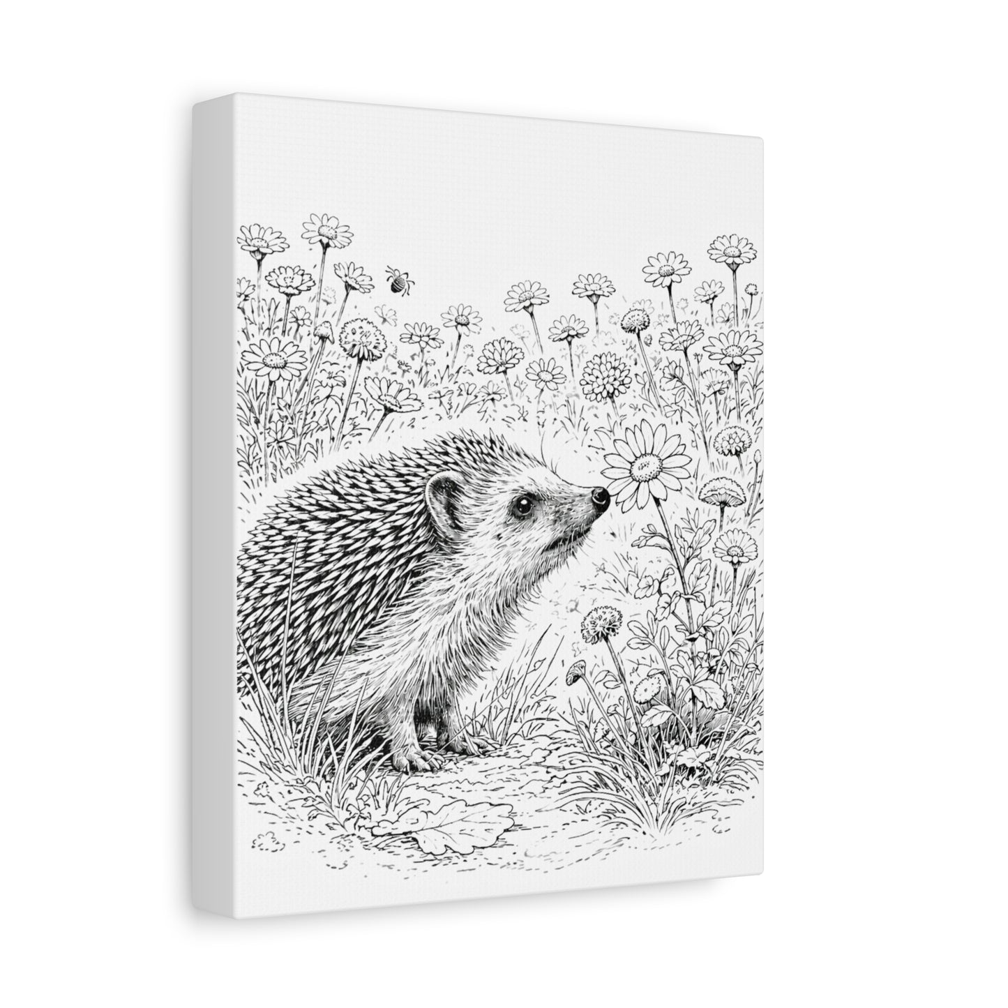 Hedgehog illustration on canvas surrounded by wildflowers and grasses – wildlife wall art nature gift
