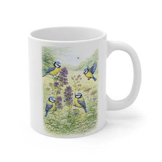 Blue tit birds illustration on white ceramic mug with flowers and blossoms – wildlife bird coffee mug nature gift