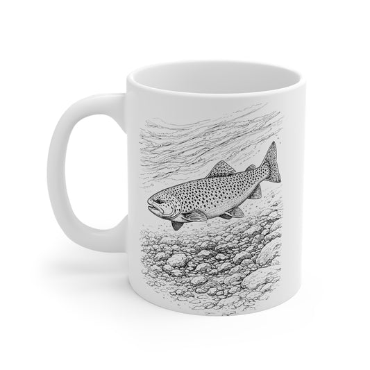 Brown trout illustration on white ceramic mug with fish and river motif – wildlife fishing gift
