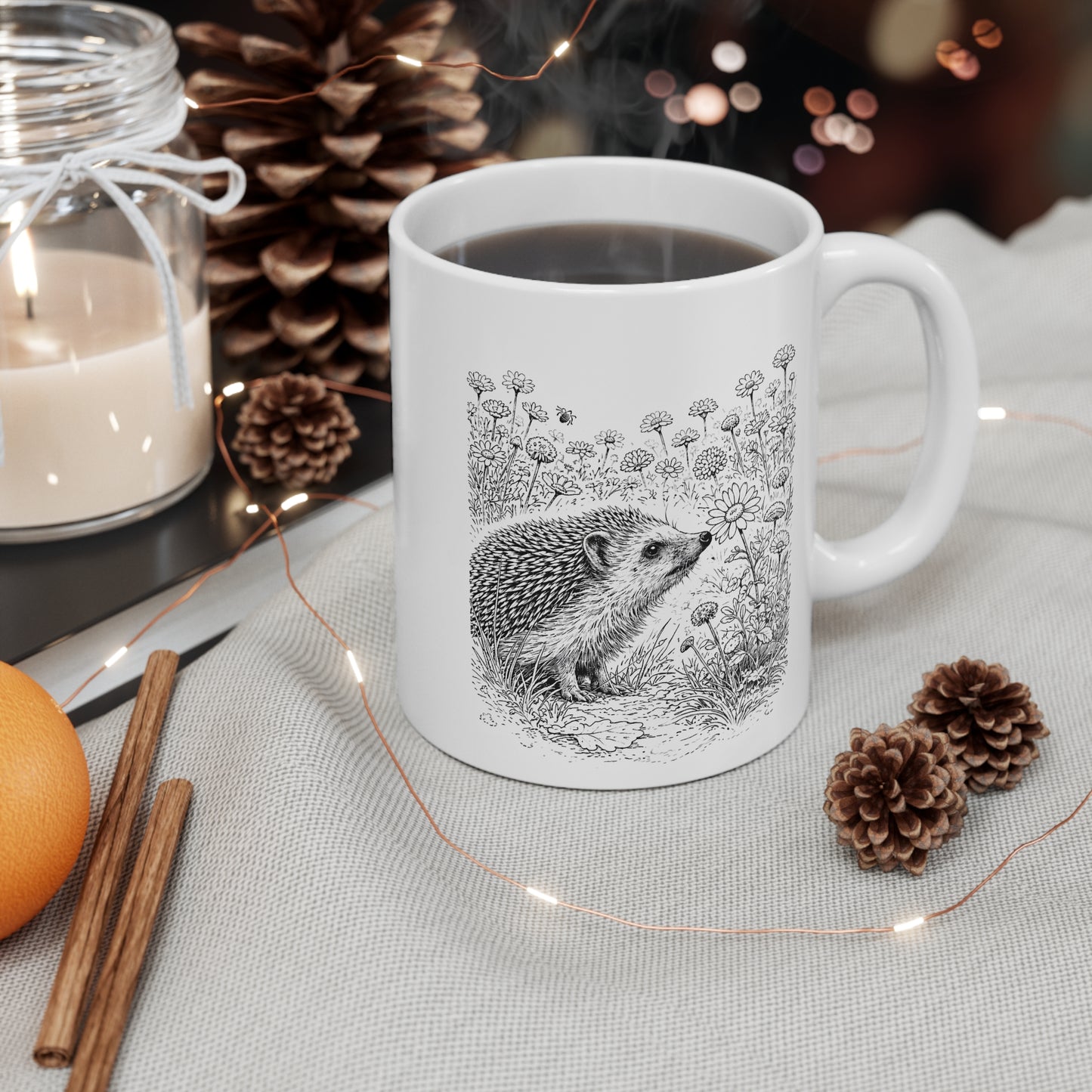 Hedgehog Wildflower Mug – Wildlife Illustration by L.A. Brown