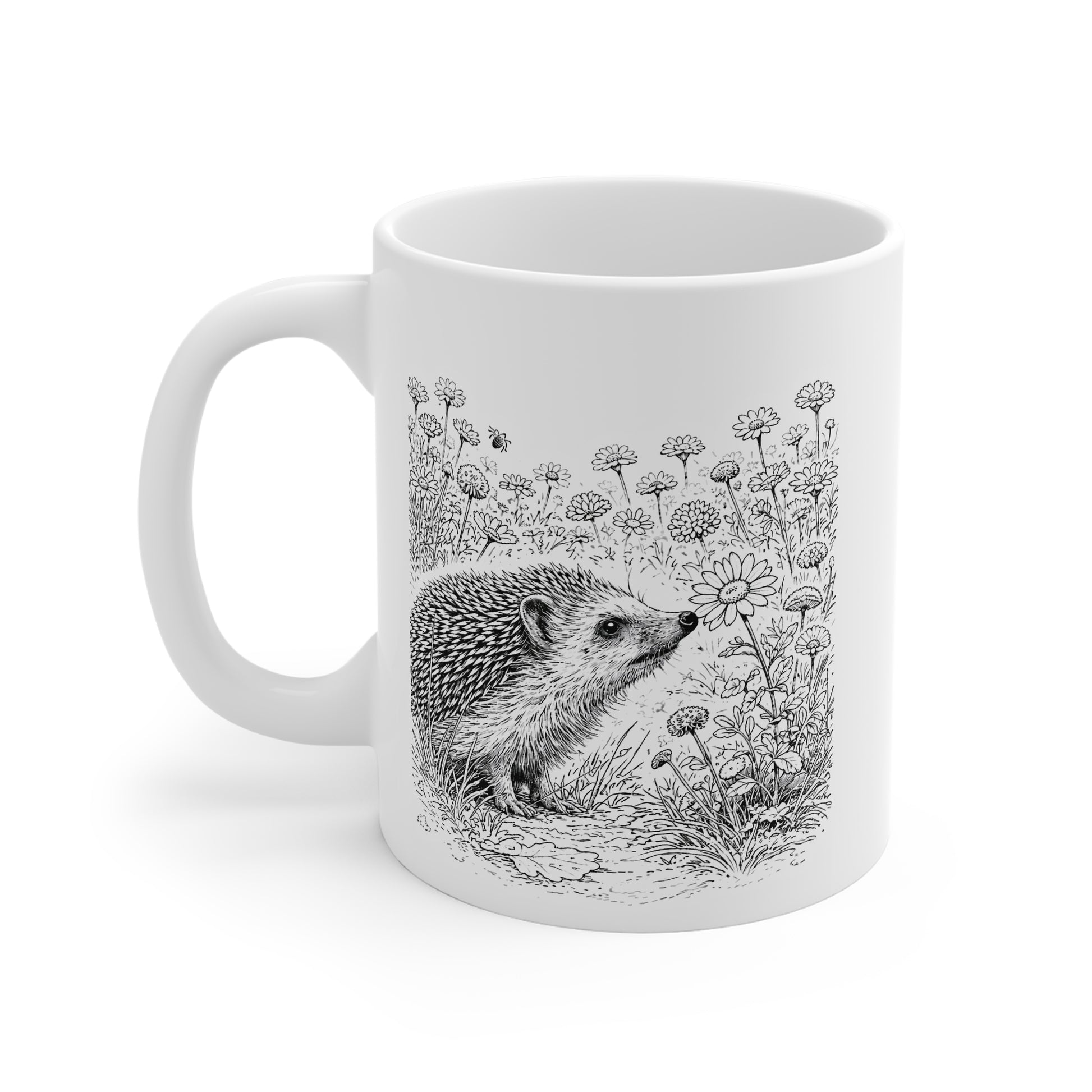 Hedgehog illustration on white ceramic mug with wildflowers and grasses – wildlife nature coffee mug garden gift