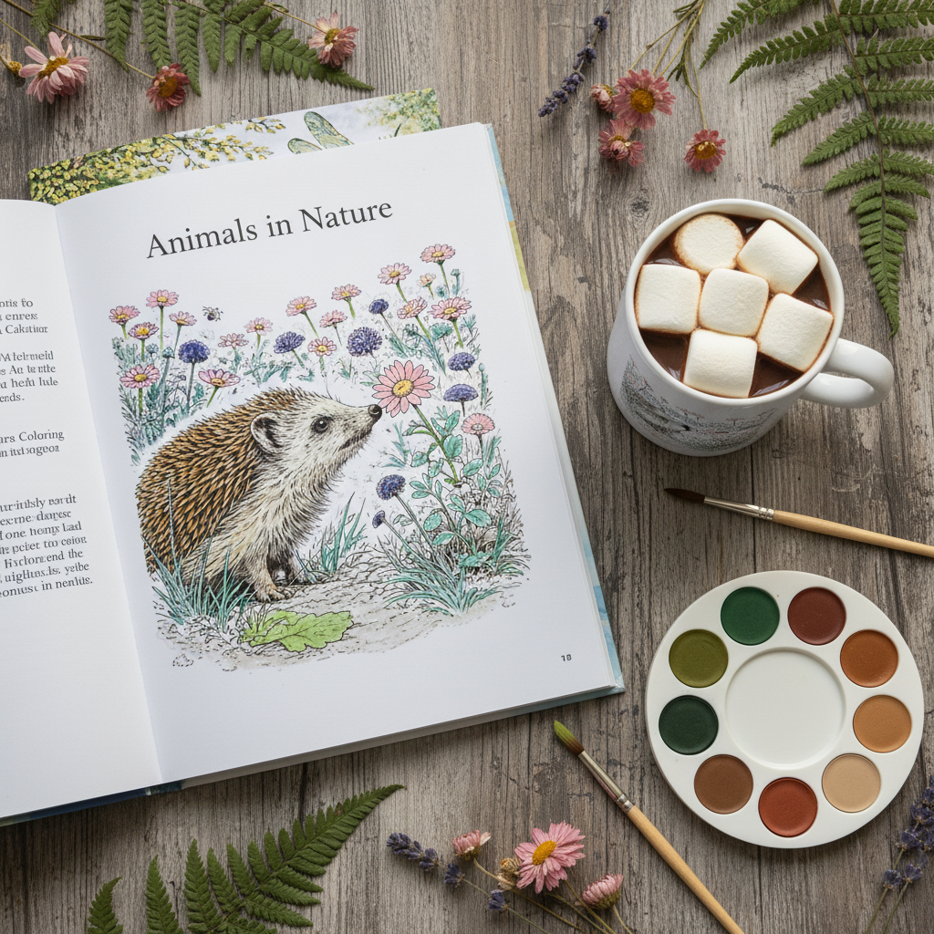 Hedgehog page with paints and hot chocolate