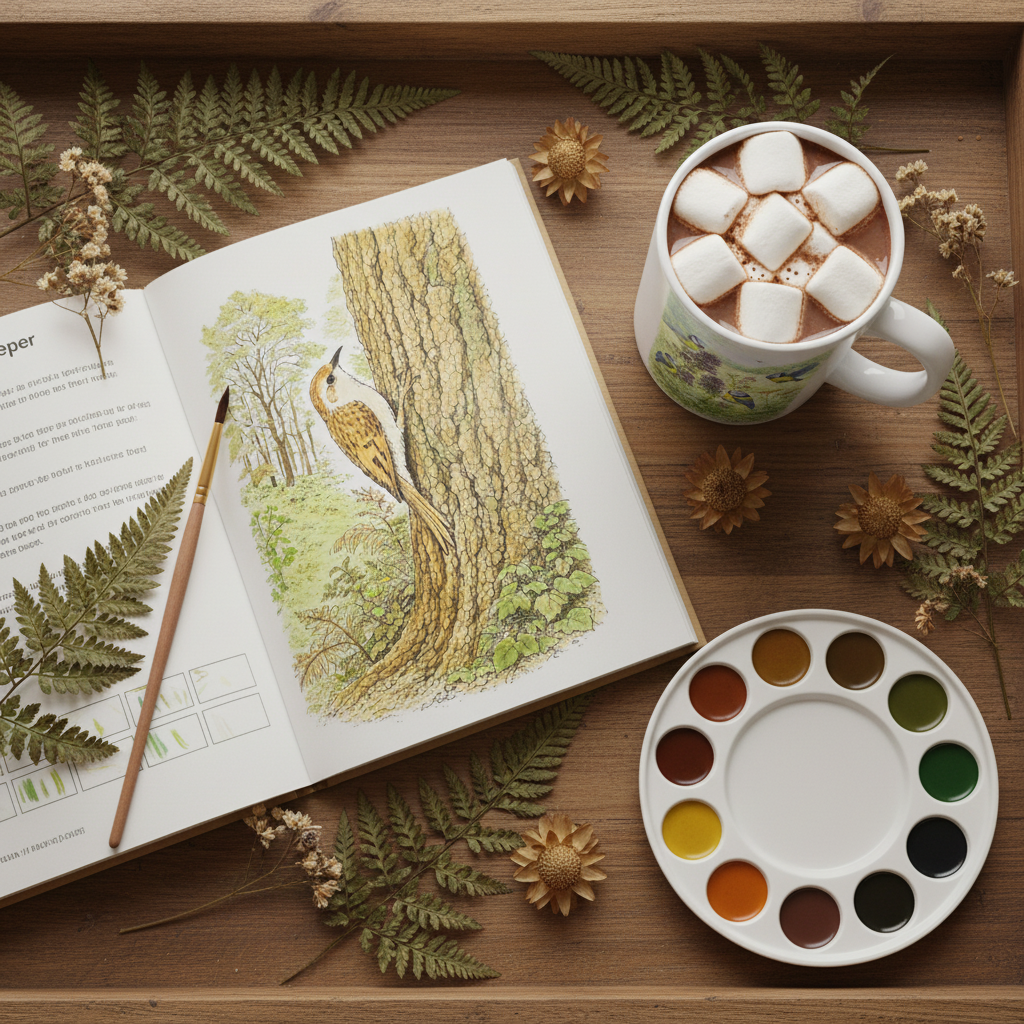 Treecreeper book with hot chocolate and paints